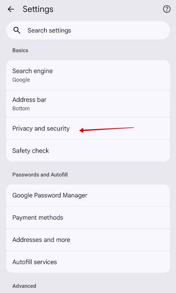 Chrome Settings - Privacy and Security